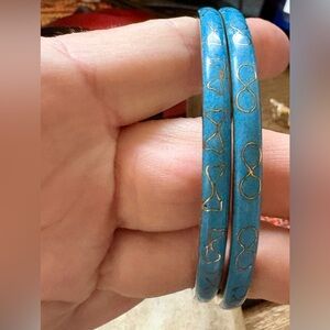 Vintage signed Robert Kuo Turquoise Gold enamel Infinity bangle Bracelet set
